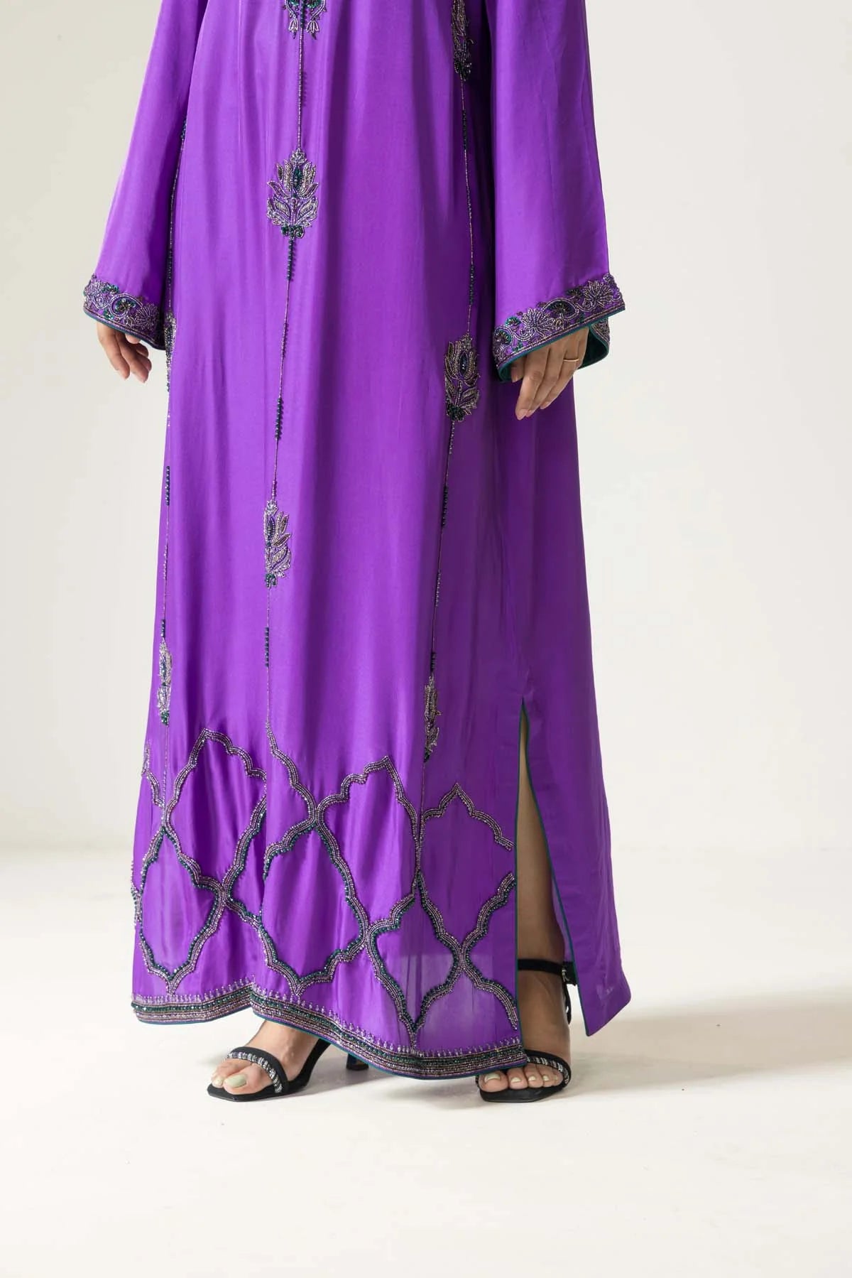 Orchid Hand Embroidered French lace Twill Silk Kaftaan