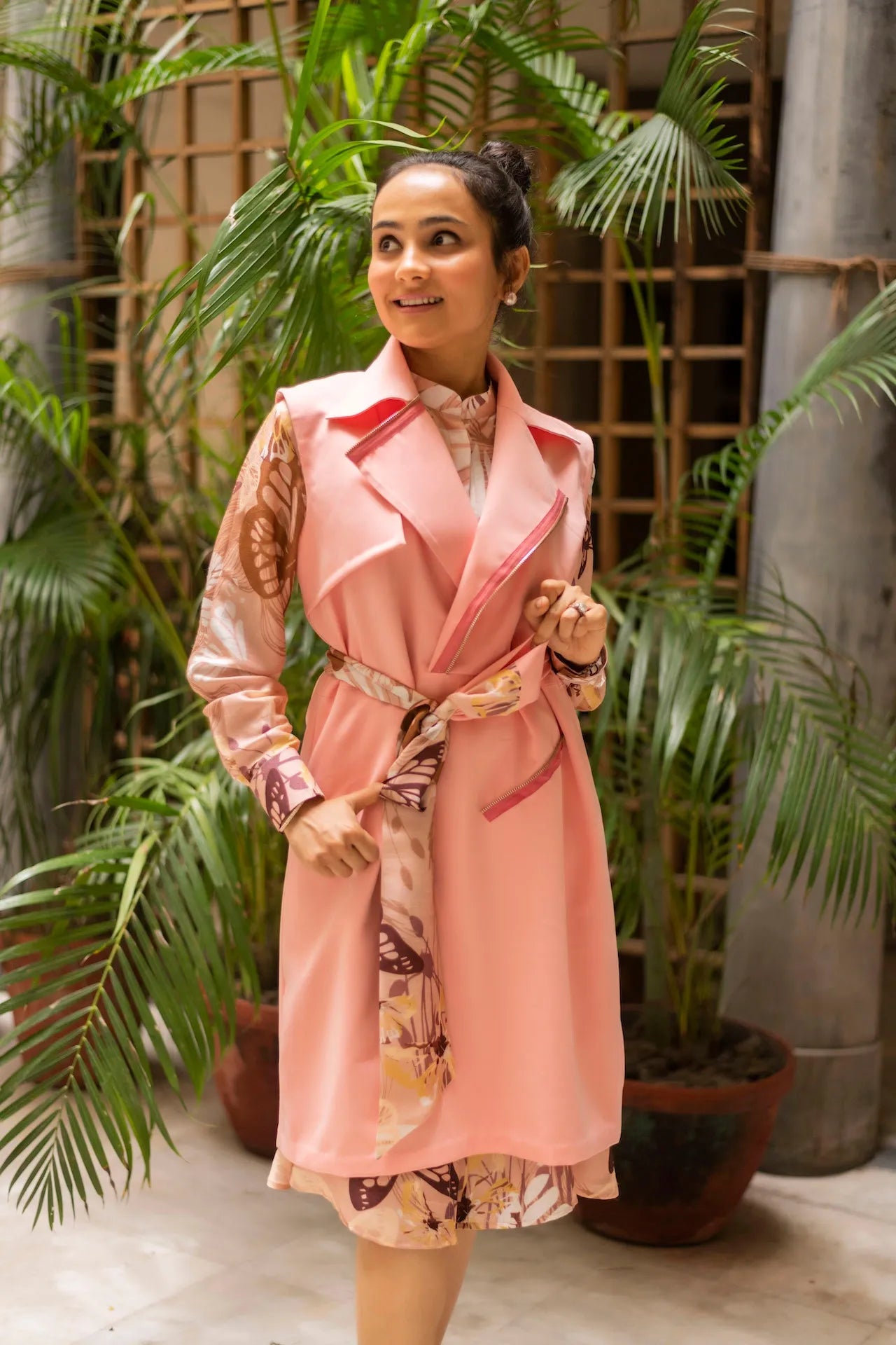 Butterfly Printed Shirt Dress With Sleeveless Trench Coat