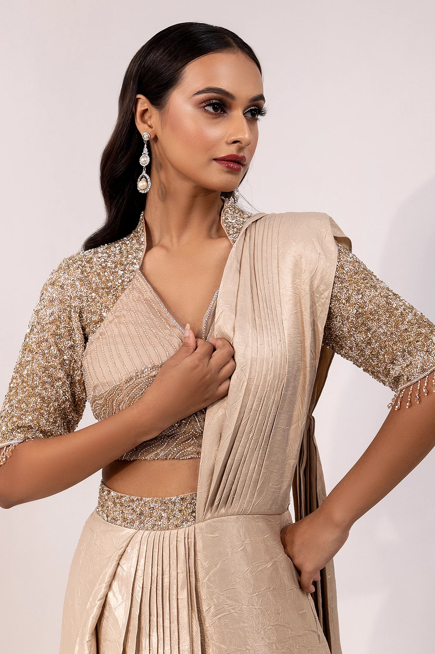 Gold Sequin Embellished Blouse with Matching Saree