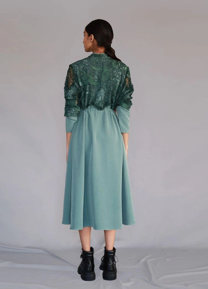 Green map embroidery long dress