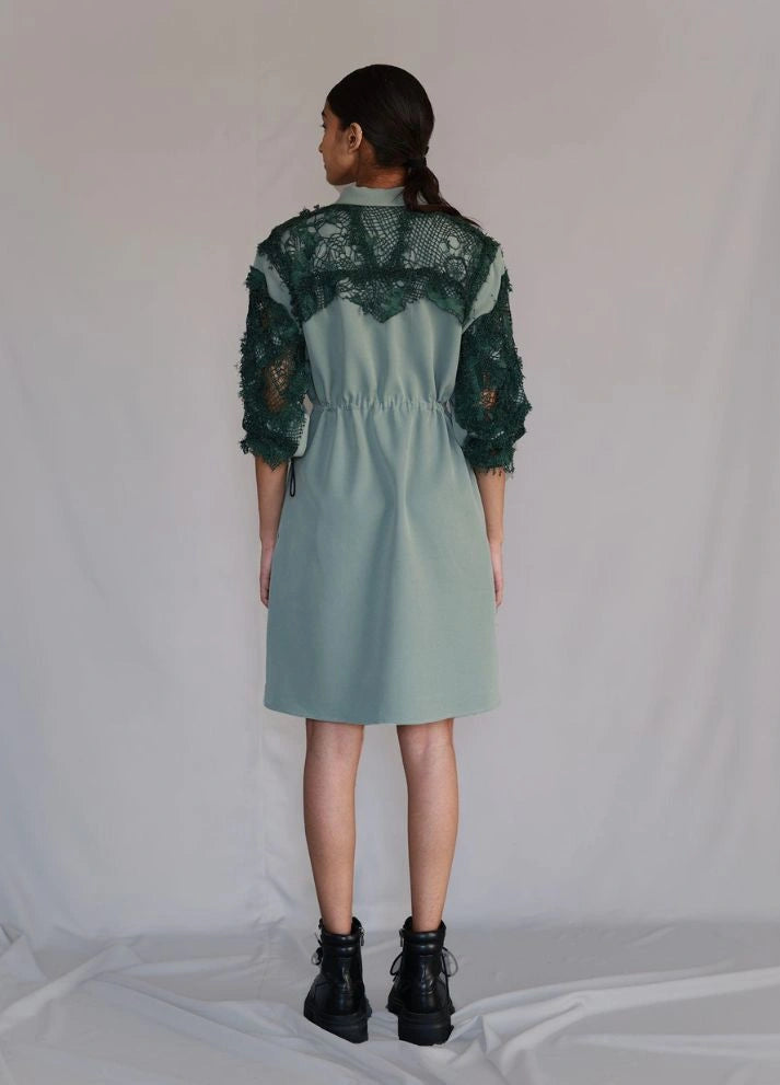Green map embroidery short dress