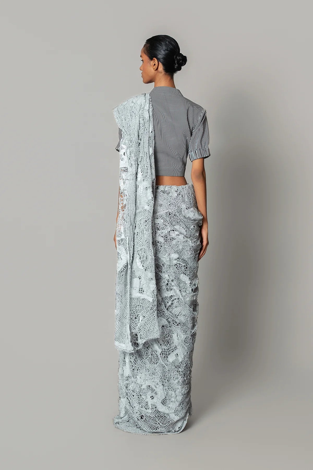 Grey Map Saree With Strip Blouse