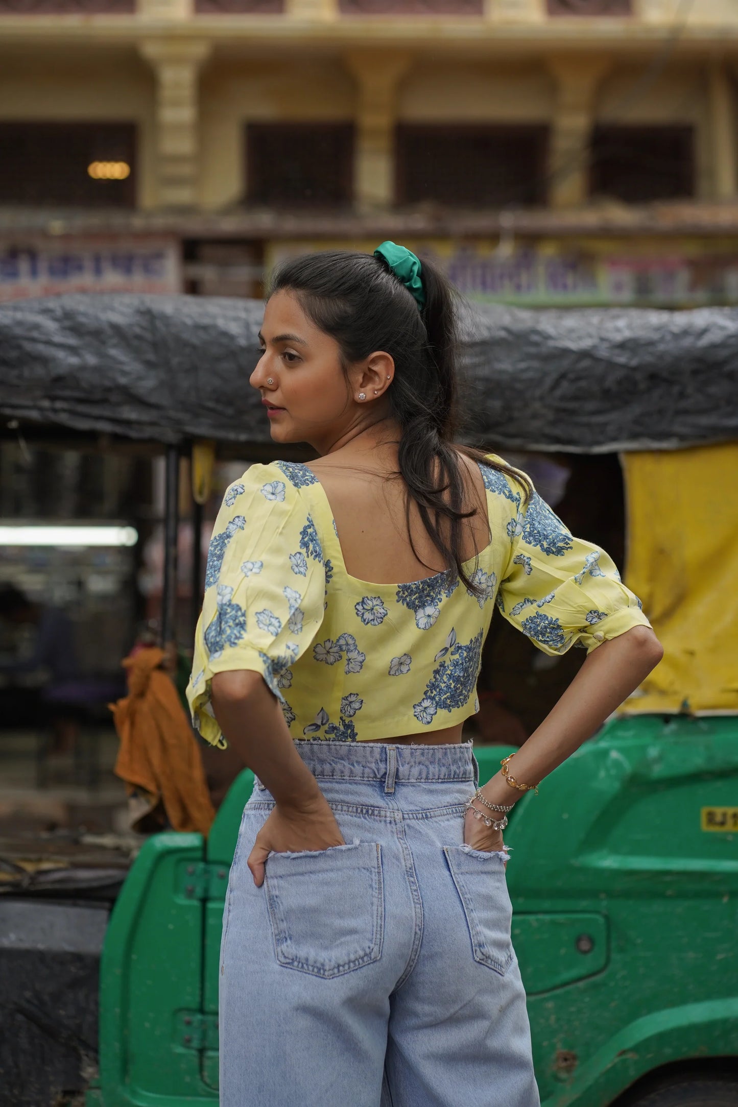 Starfield- Yellow Hydrangea Print with Ruffles and Puffed Sleeves