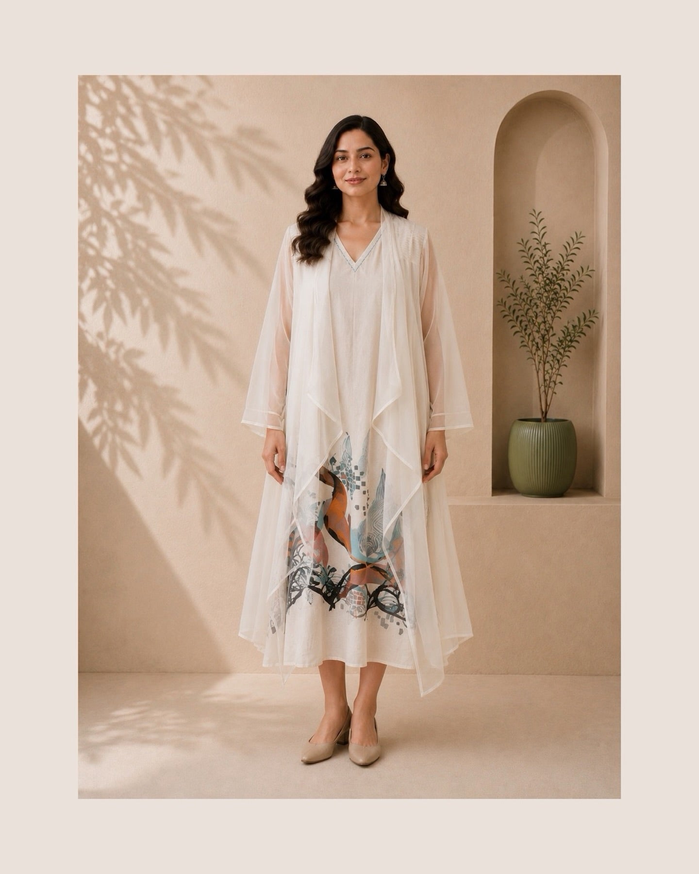 Linen Printed Dress with Organza Layering