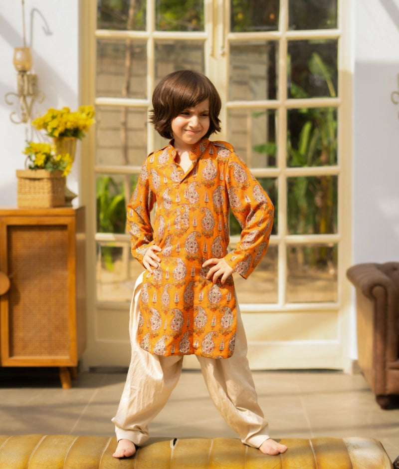 Orange Printed Kurta with Salwar