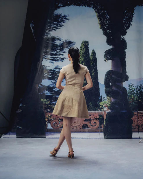 Sanddune Print Corset-Inspired Flair Dress with Cap-Sleeves