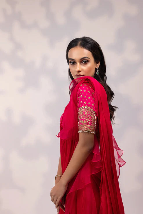 Pink Embroidered Blouse with Sheer Drape