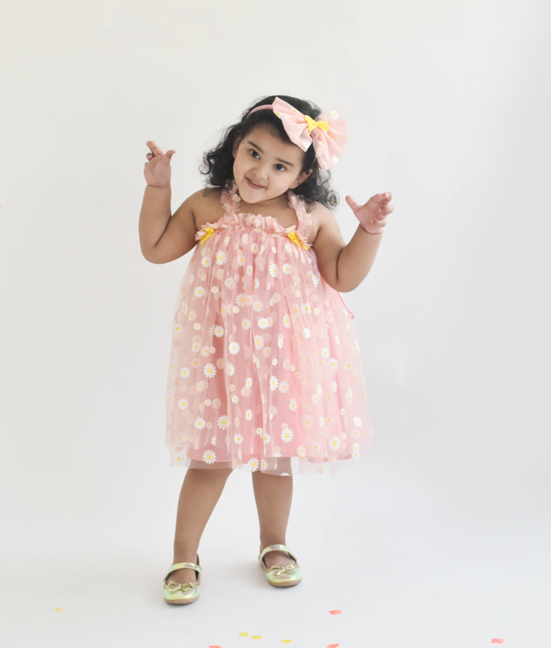 Pink Flower Print Net Dress for Girls