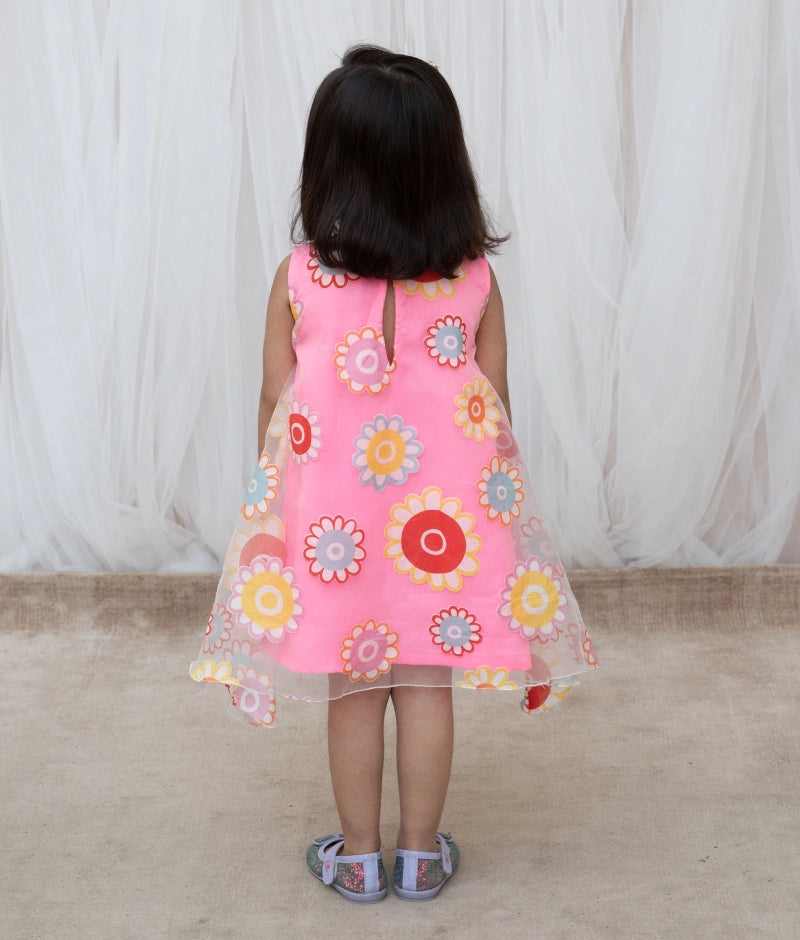 Pink Flower Printed Organza Dress