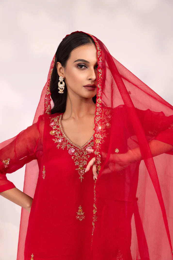 Red Embroidered Anarkali with Sheer Dupatta