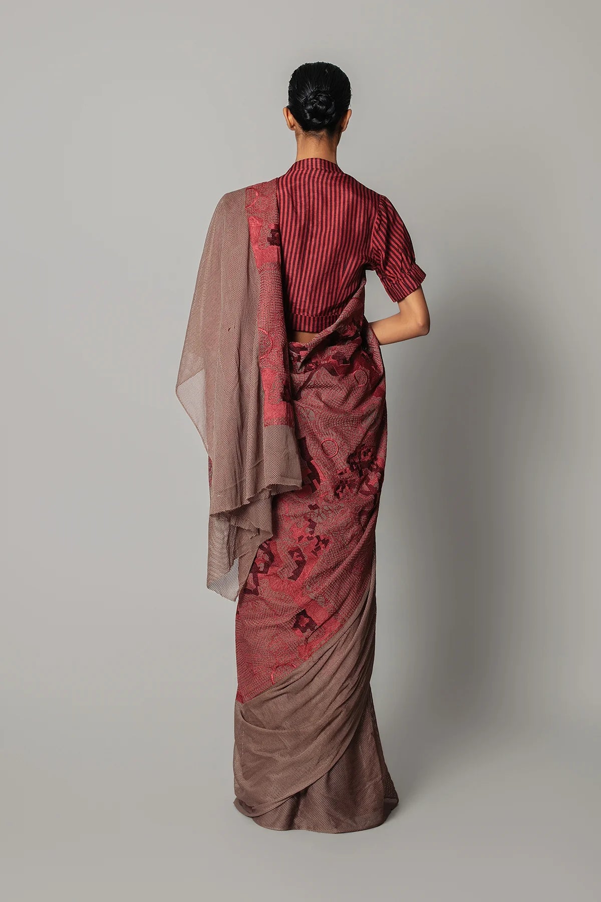 Red Map Saree with Strip Blouse