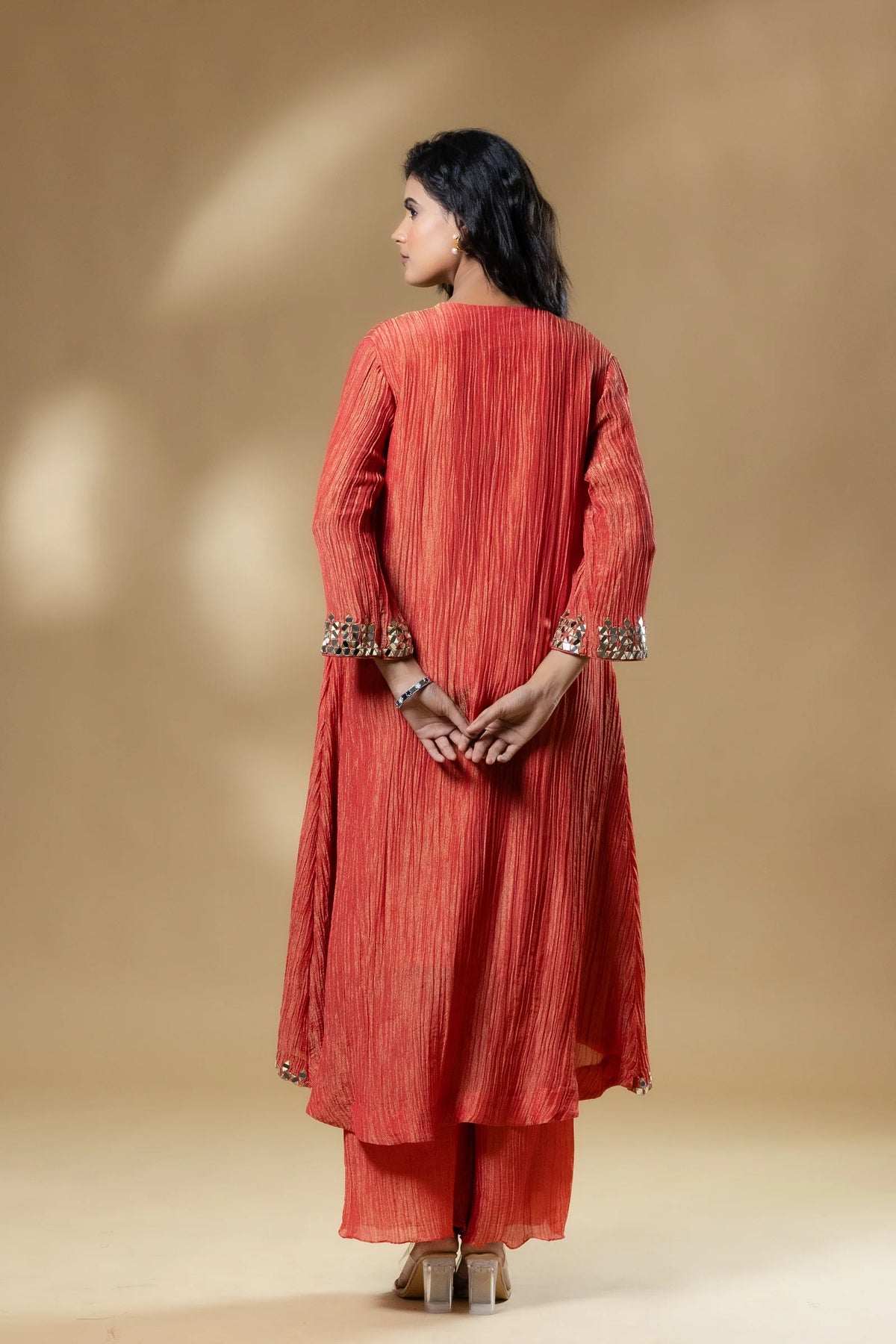 Red Shimmer Crush Mirror Work Dress With Dupatta