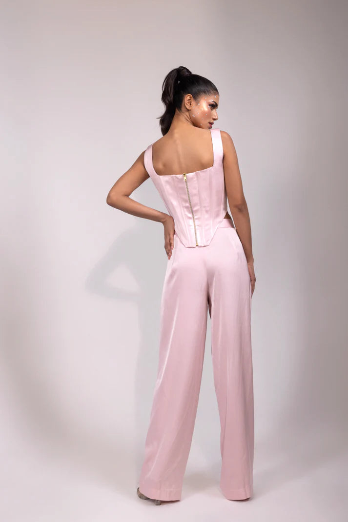 Rose Pink Linen Satin Corset Set
