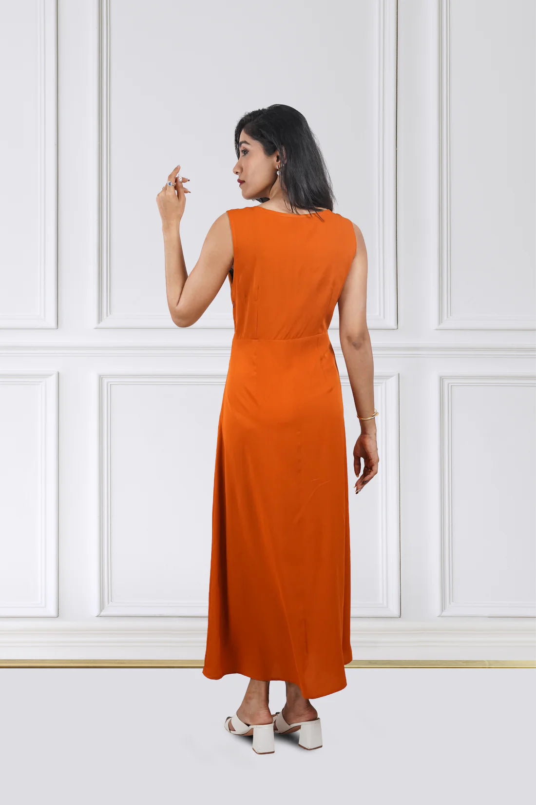 Rust Cinch-Waist Flared Maxi