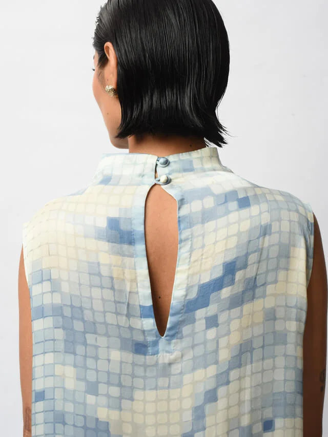 Blue Satin Digital Printed Dress