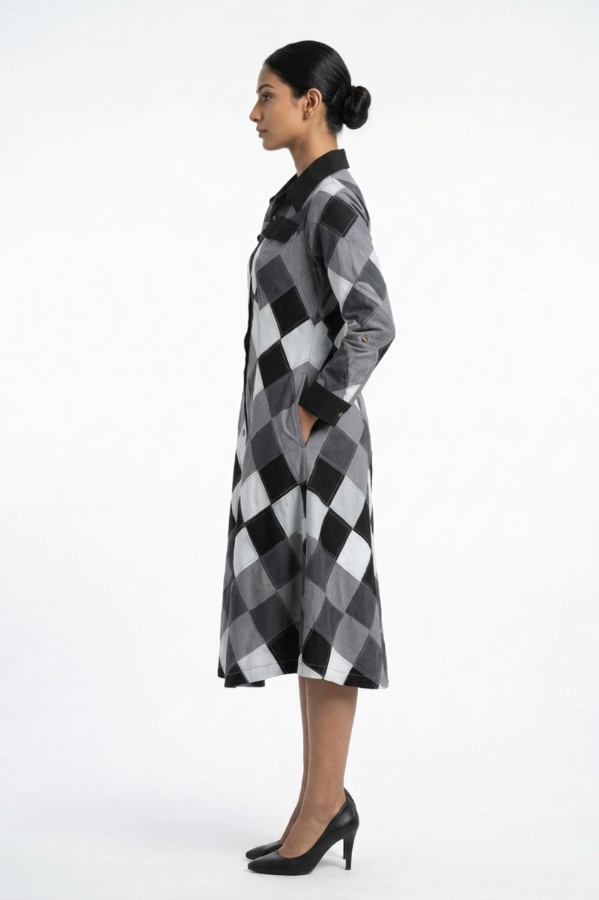 Full Sleeve Black & White Patchwork Dress