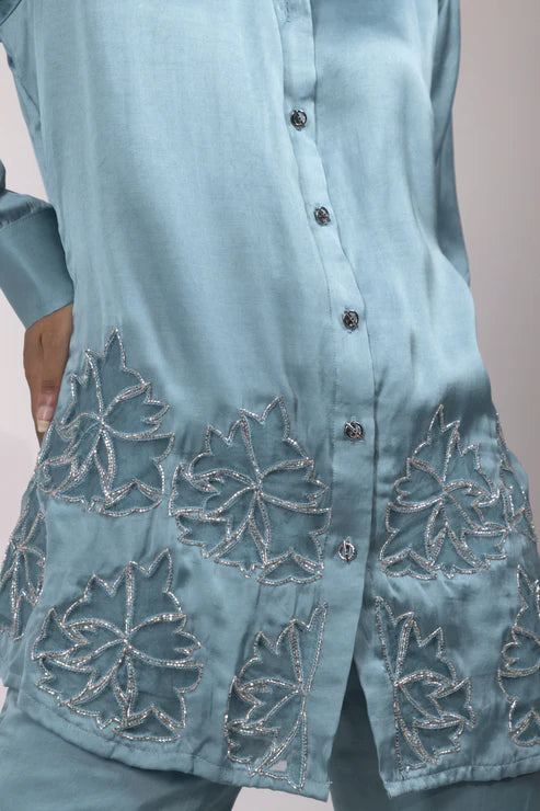 Teal Embroidered Longline Button-Up Shirt