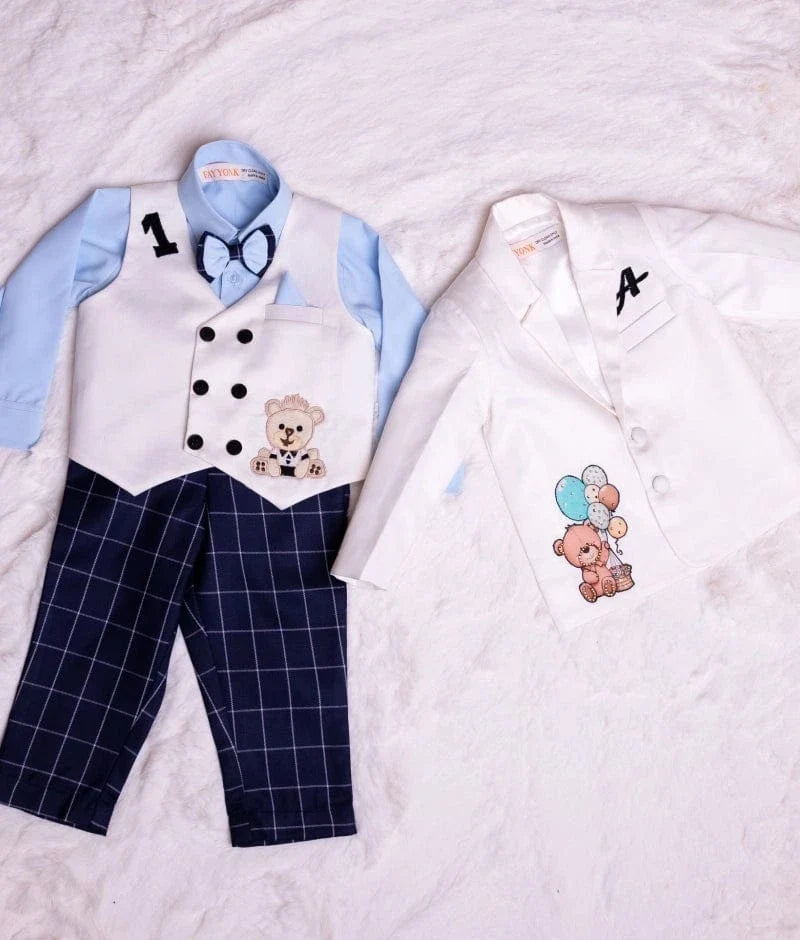White Teddy Motif Coat Set