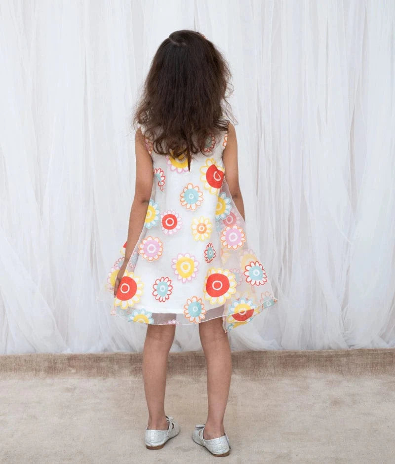 White Flower Printed Organza Dress
