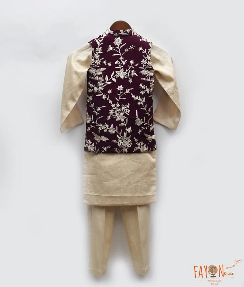 Wine Embroidery Jacket with Kurta and Pant