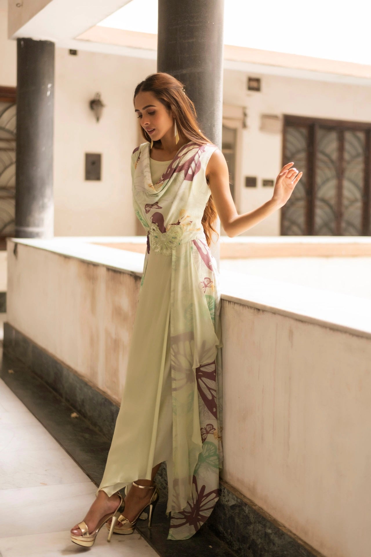 Butterfly Printed Asymmetric Cowl Dress