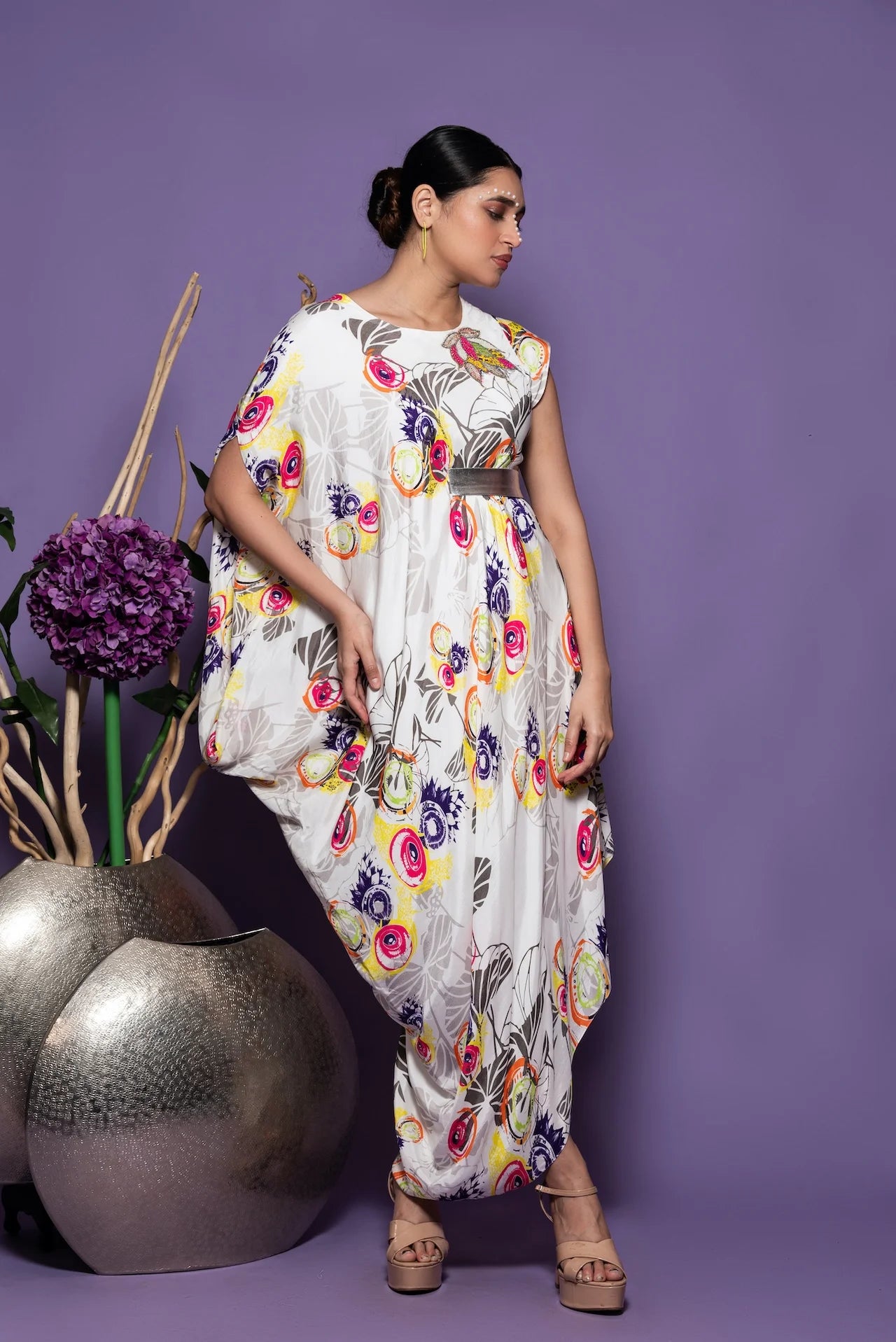 White Printed Draped Dress