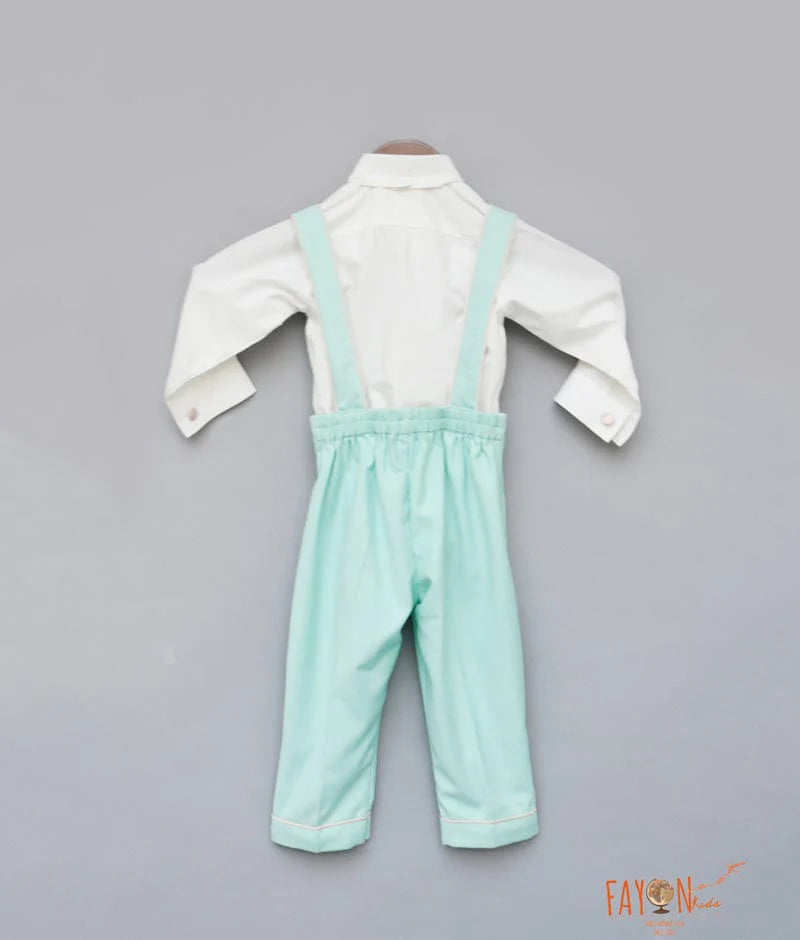 White Shirt With Suspenders Aqua Pants For Boys