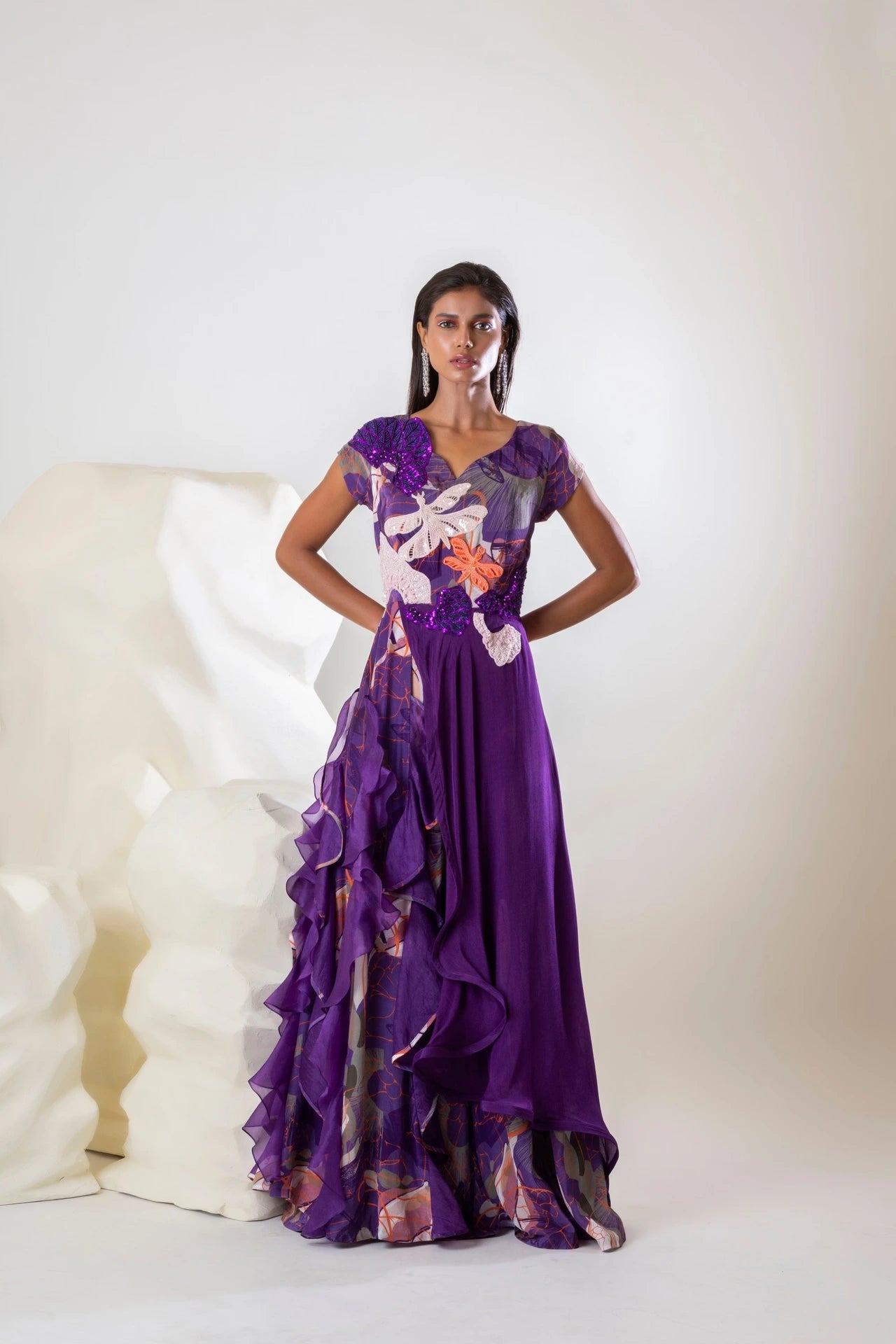 Printed Embroidered Ruffle Gown