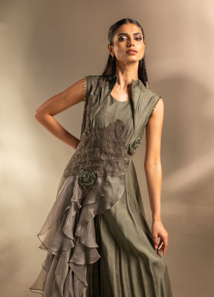 Asymmetric Jumpsuit with Ruffles and 3-d Hand Embroidery
