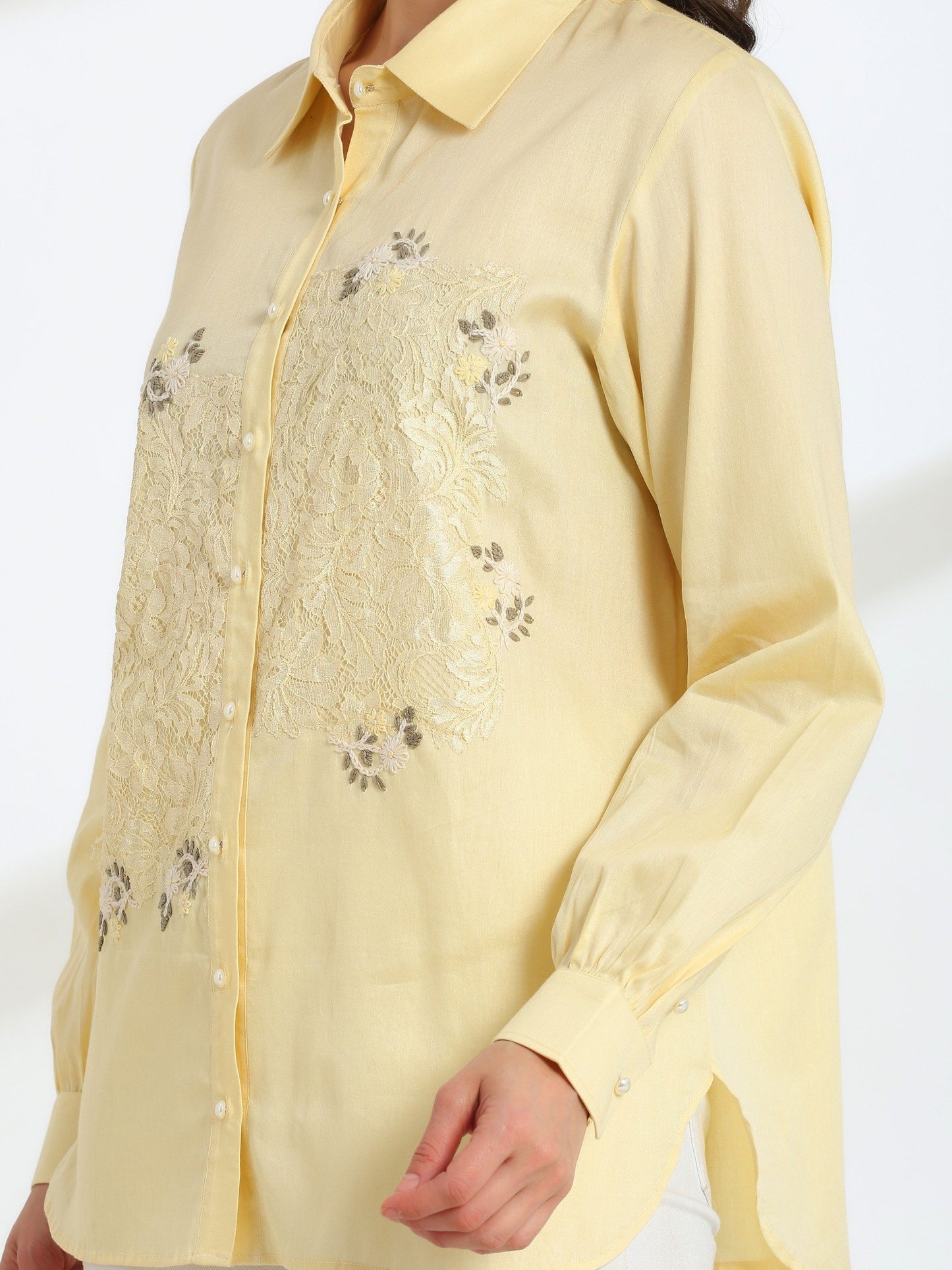 Butter Yellow Bloom Hand Embroidered French lace Cotton Shirt