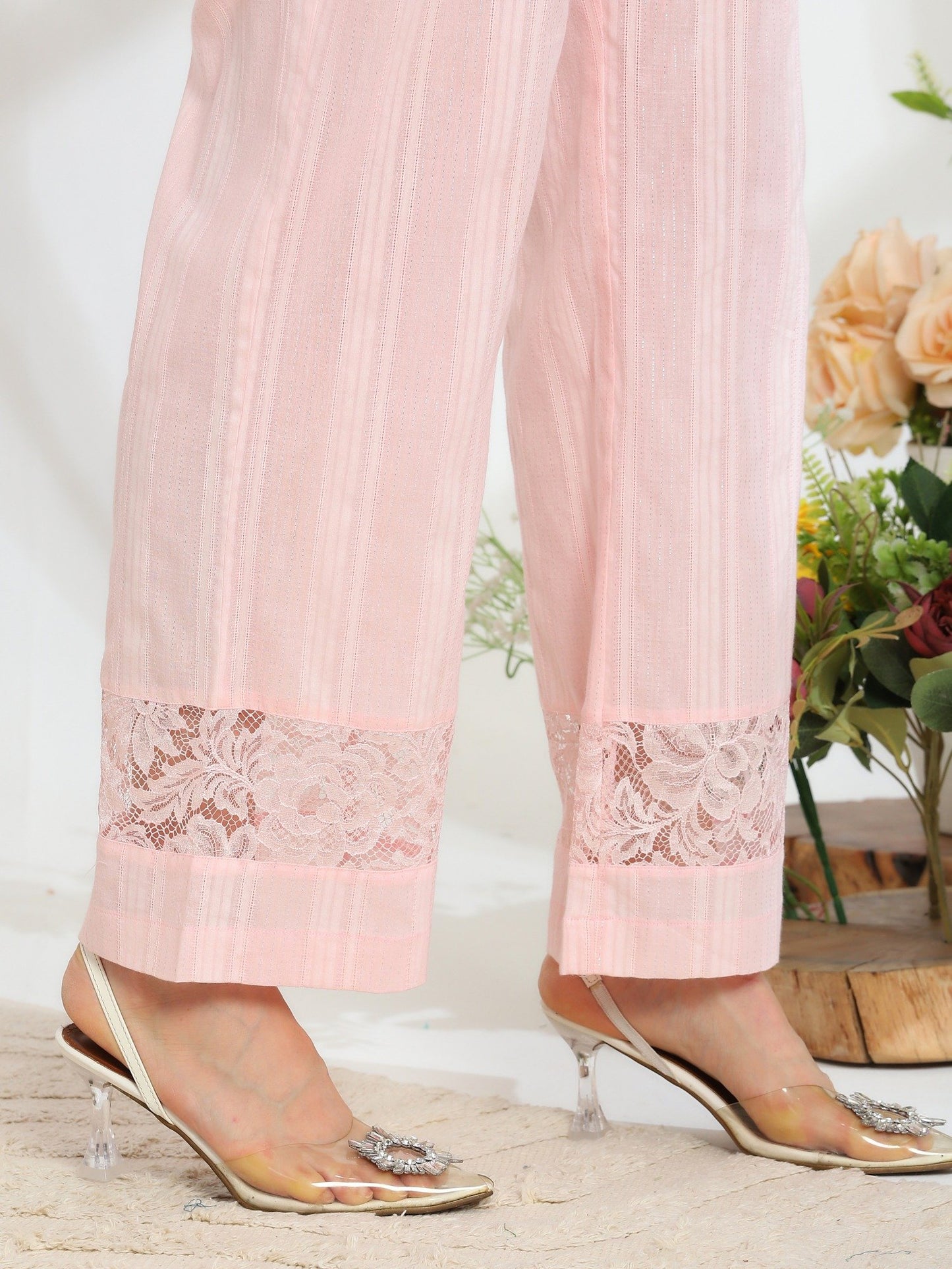 Silvaire Rose Hand Embroidered French Lace Cotton Lurex Kurta Set