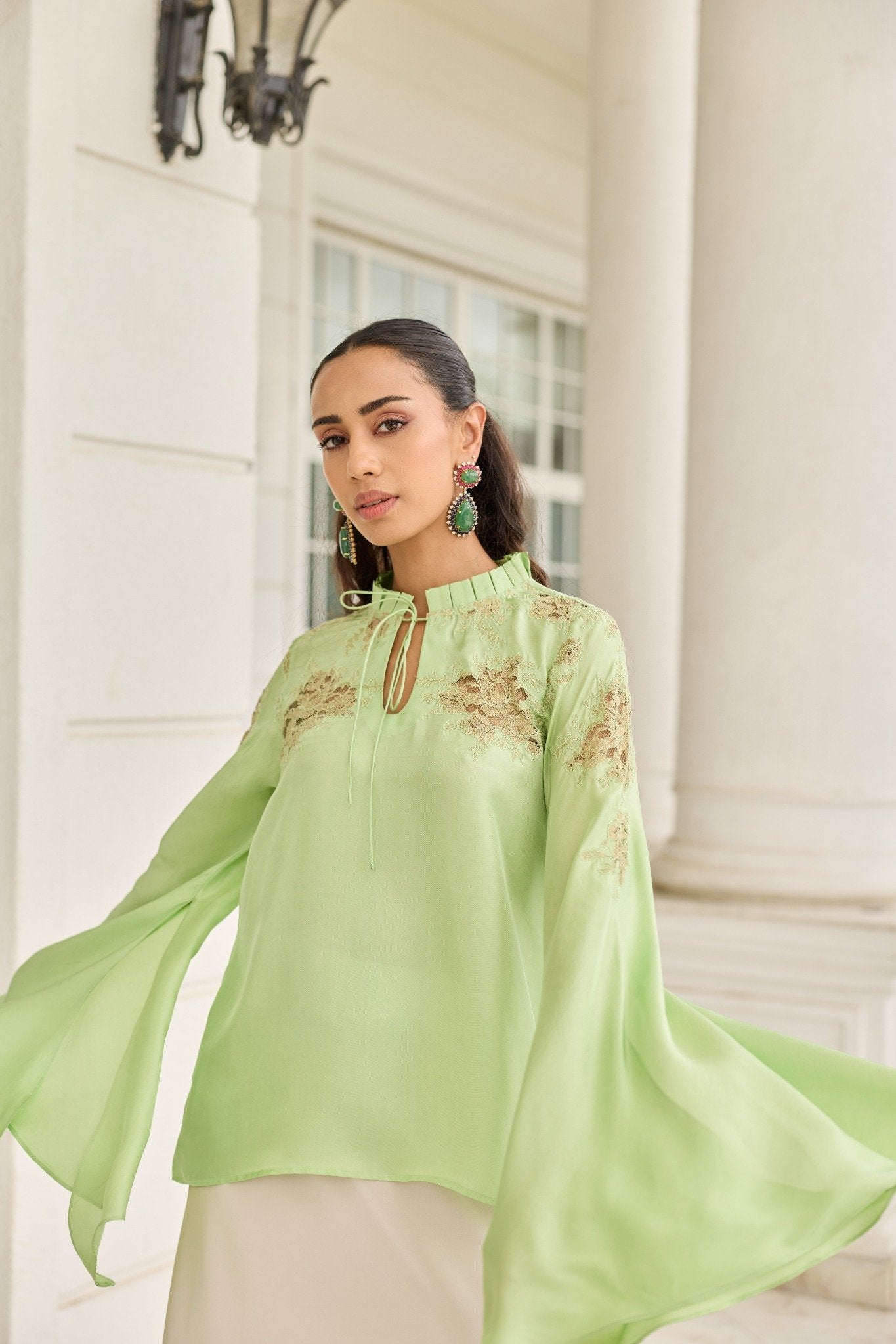Verdant Hand Patched French Lace Twill Silk Top