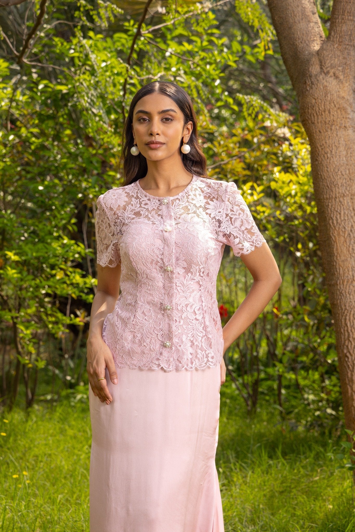 Azurea French lace Satin Top & Dress Set