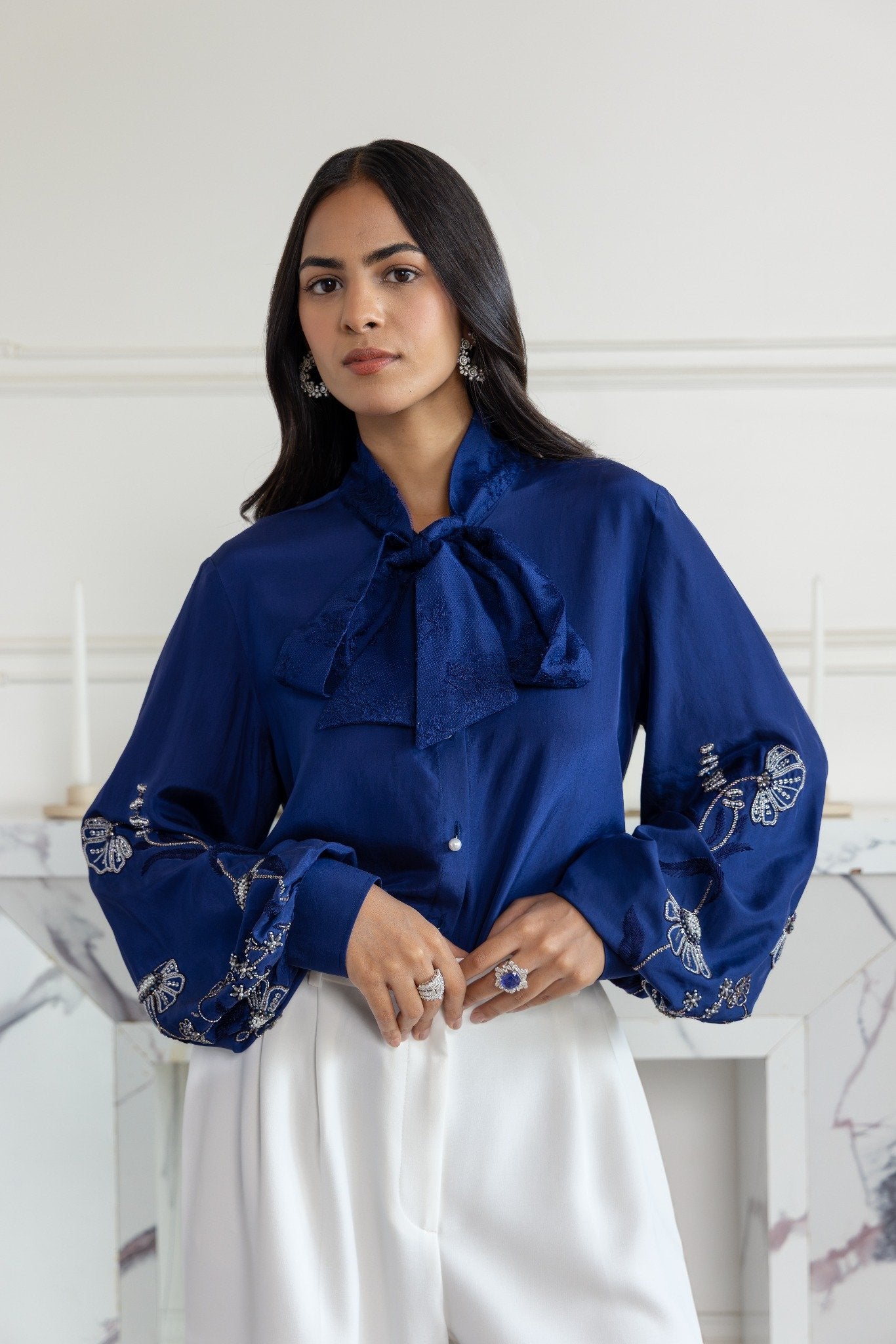 Amariel Navy Blue Hand embroidered French Lace Bow Habotai Silk Shirt