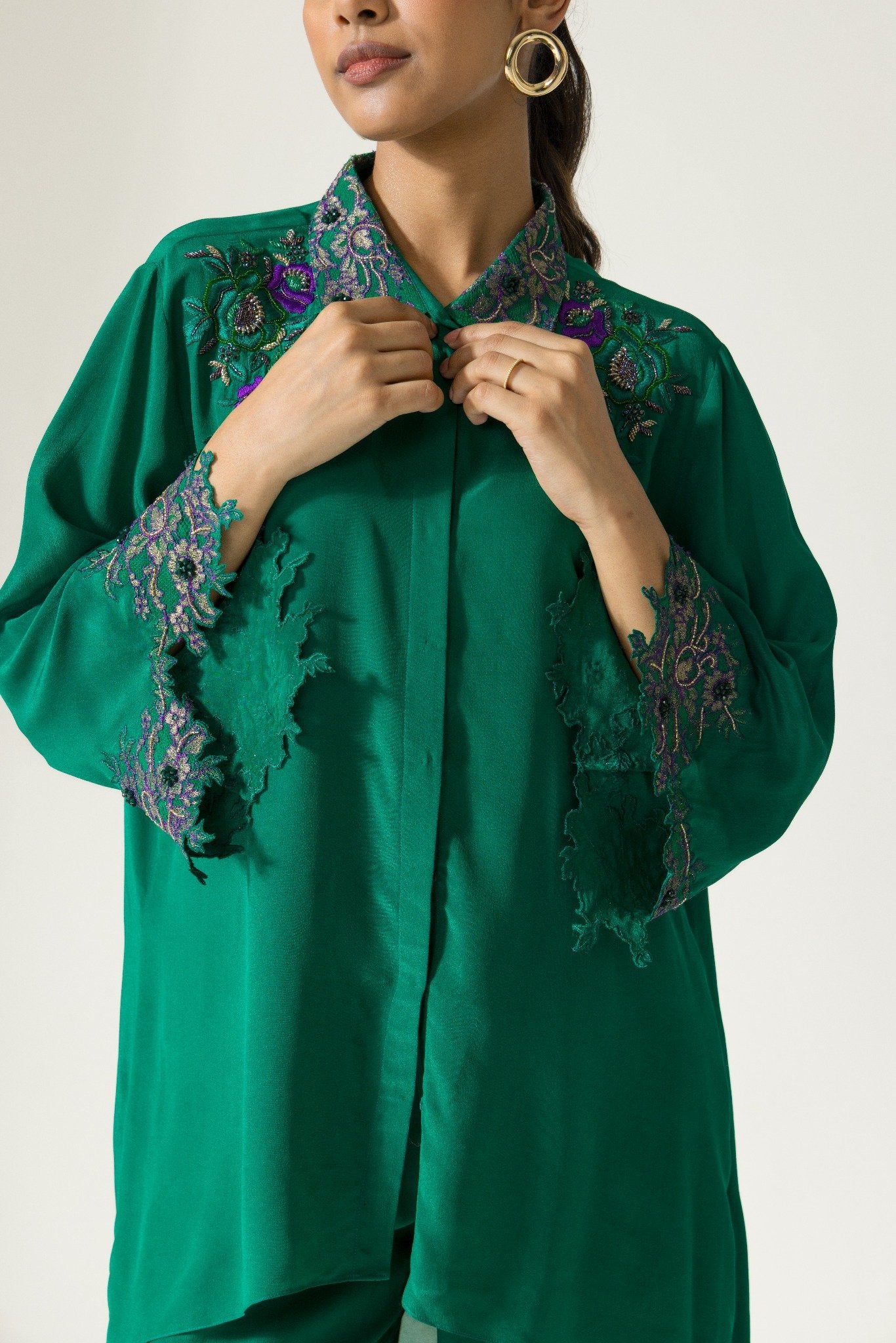 Hydrangea Hand Embroidered French Lace Crepe Co-ord Set
