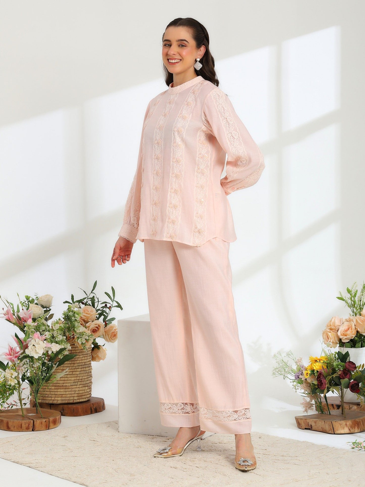 Elan Pink Hand Embroidered French Lace Silk Cotton Co-ord Set