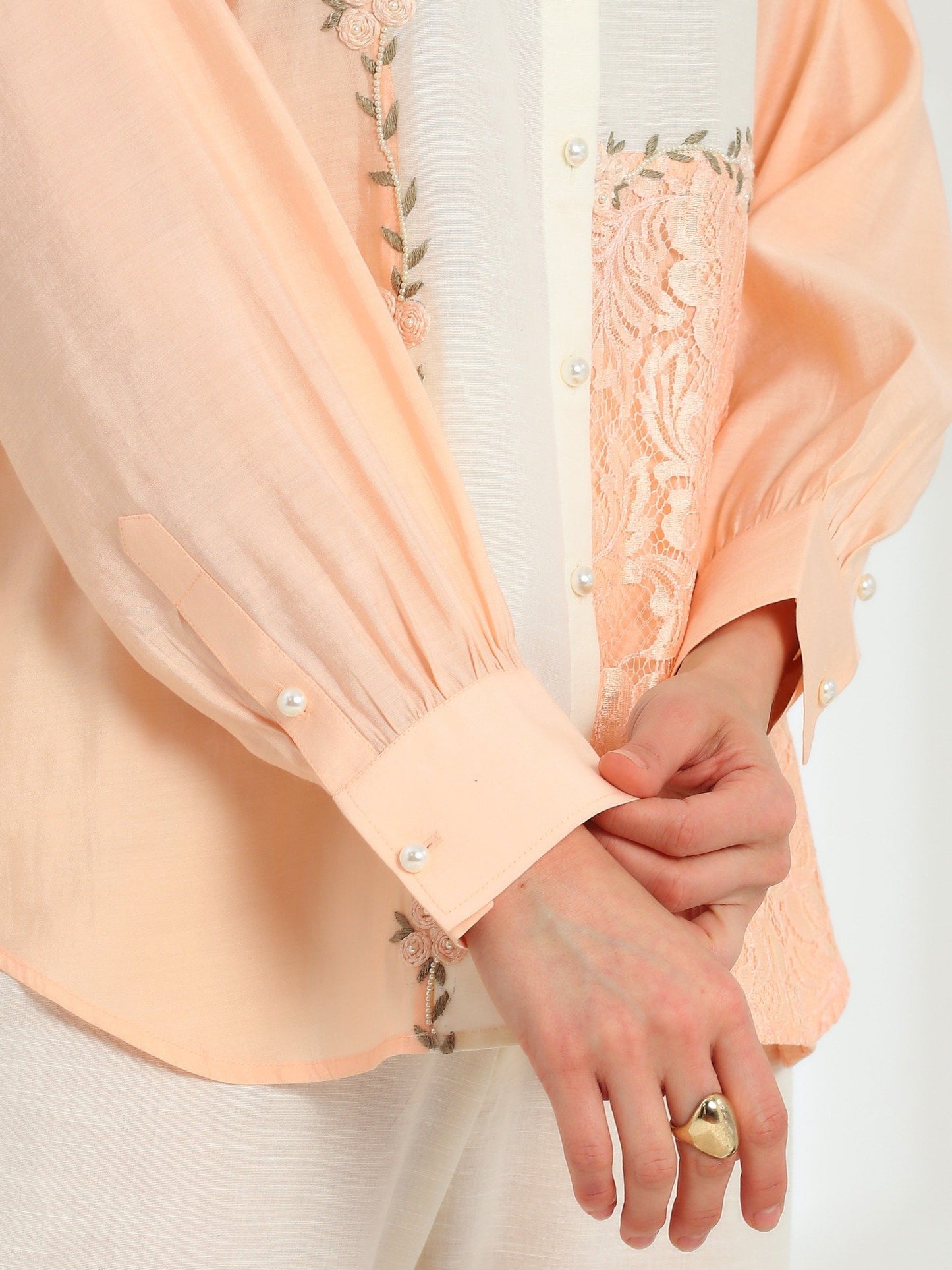 Floréa Peach Hand Embroidered French lace Silk Linen Shirt