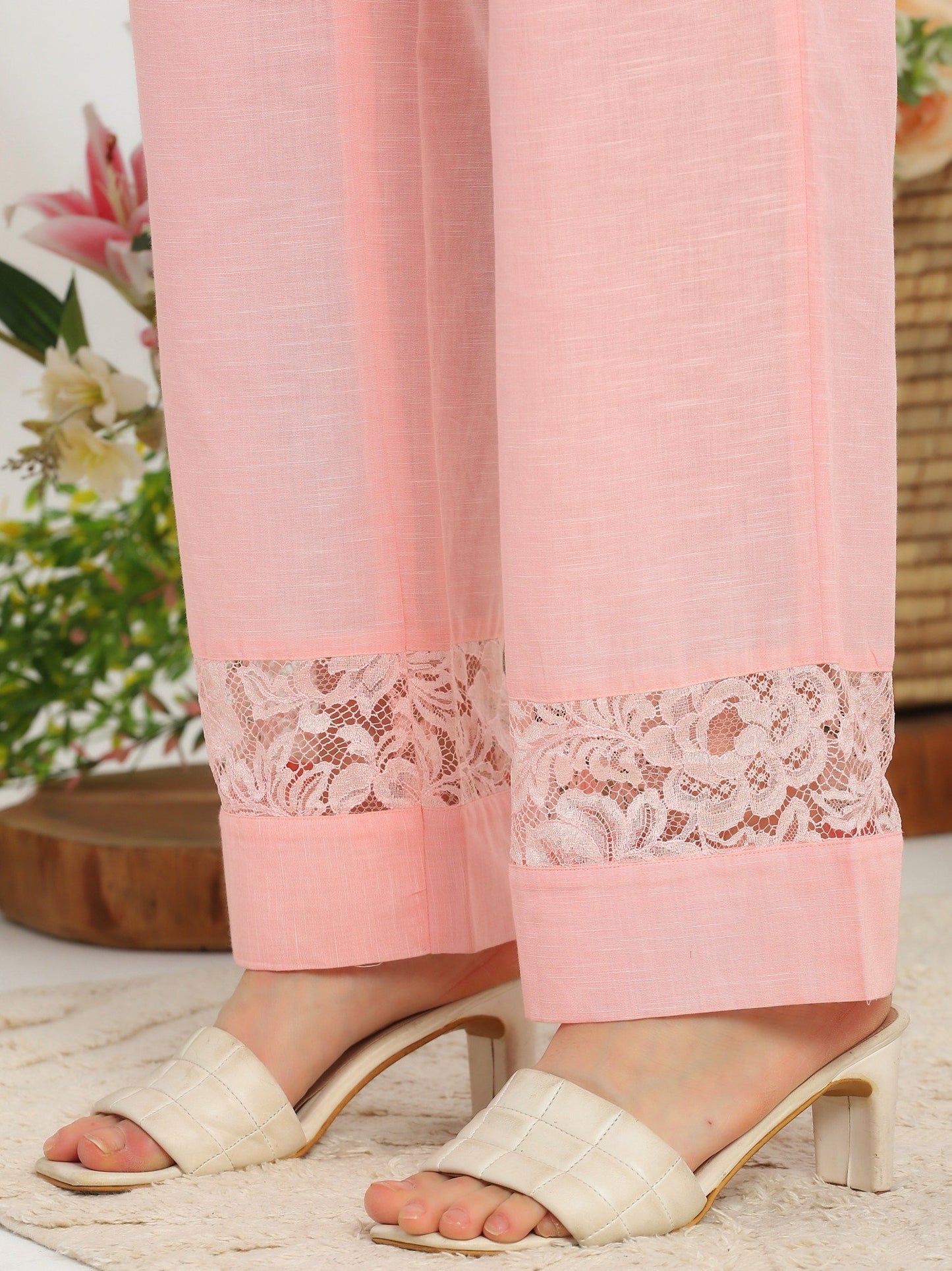Pink Rose Garden Hand Embroidered French Lace Mul Linen Co-ord Set
