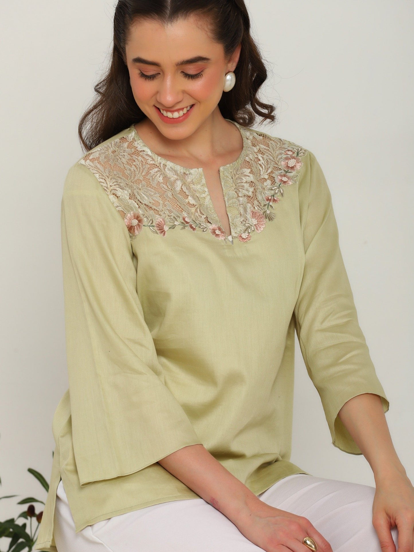 Jade Blossom Embroidered French Lace Cotton Shirt