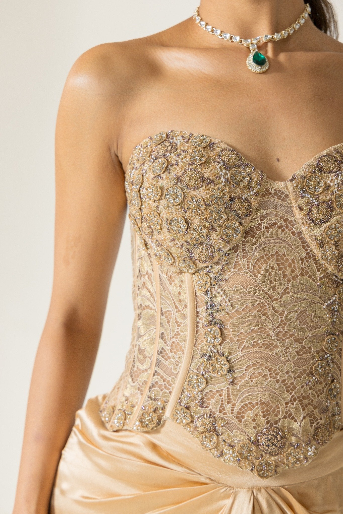 Ivoria Alouette Hand Embroidered French Lace Silk Satin Corset Set