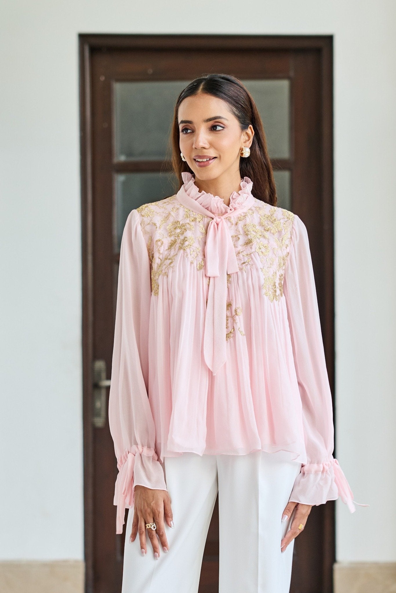 Petal Crest Pink Bow French Lace Flat Chiffon Top