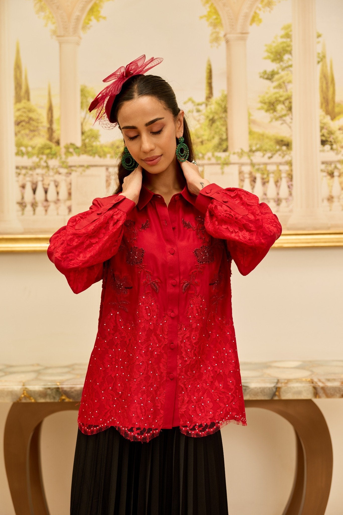 Amulet Cherry Red French Lace Panel Hand Embellished Twill Silk Shirt (Copy)