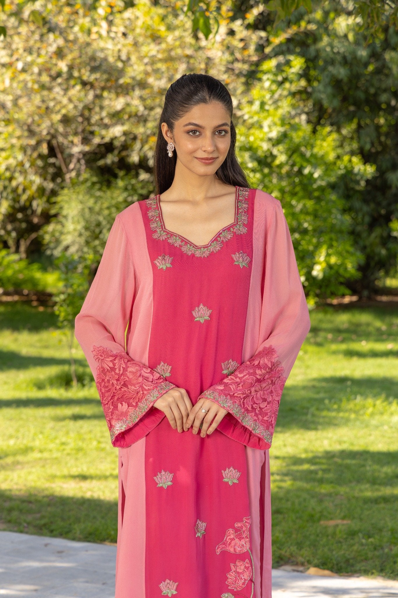 Lotus Hand emebroidered French lace Crepe Suit