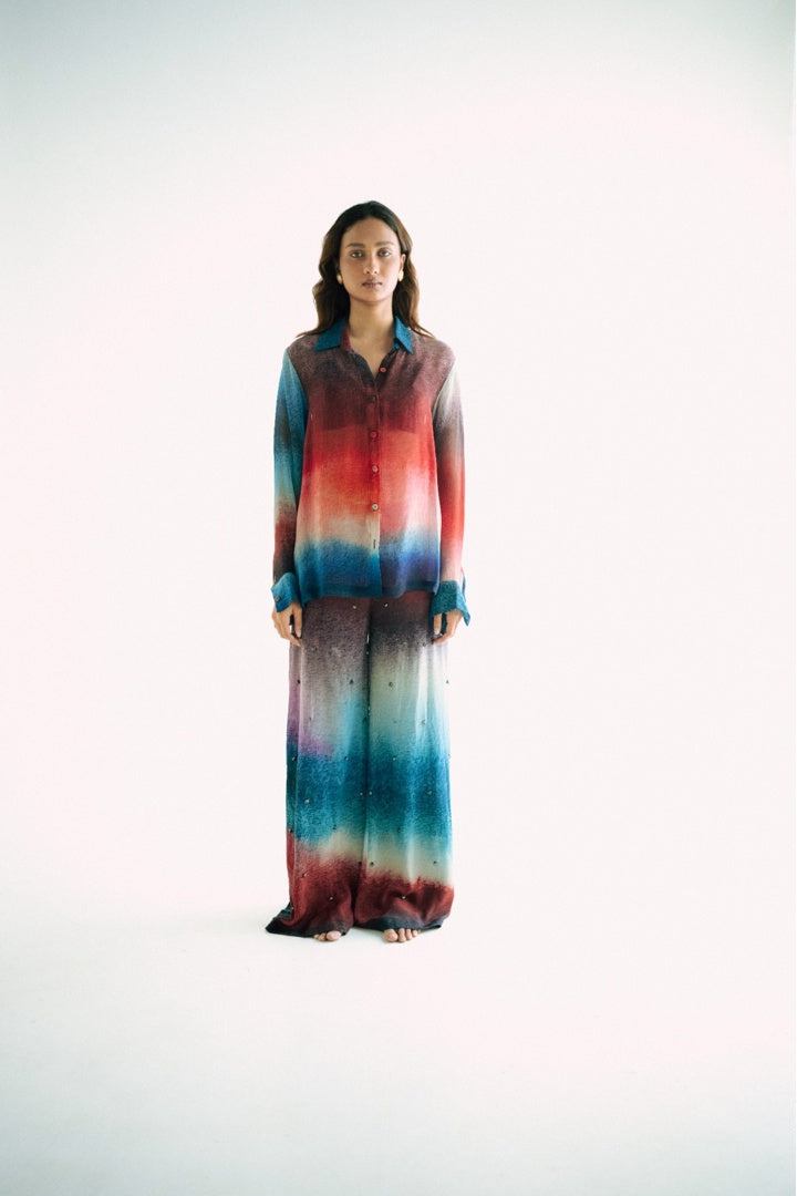 Chiffon Printed Shirt with Embroidered Printed Pants Dark Shade