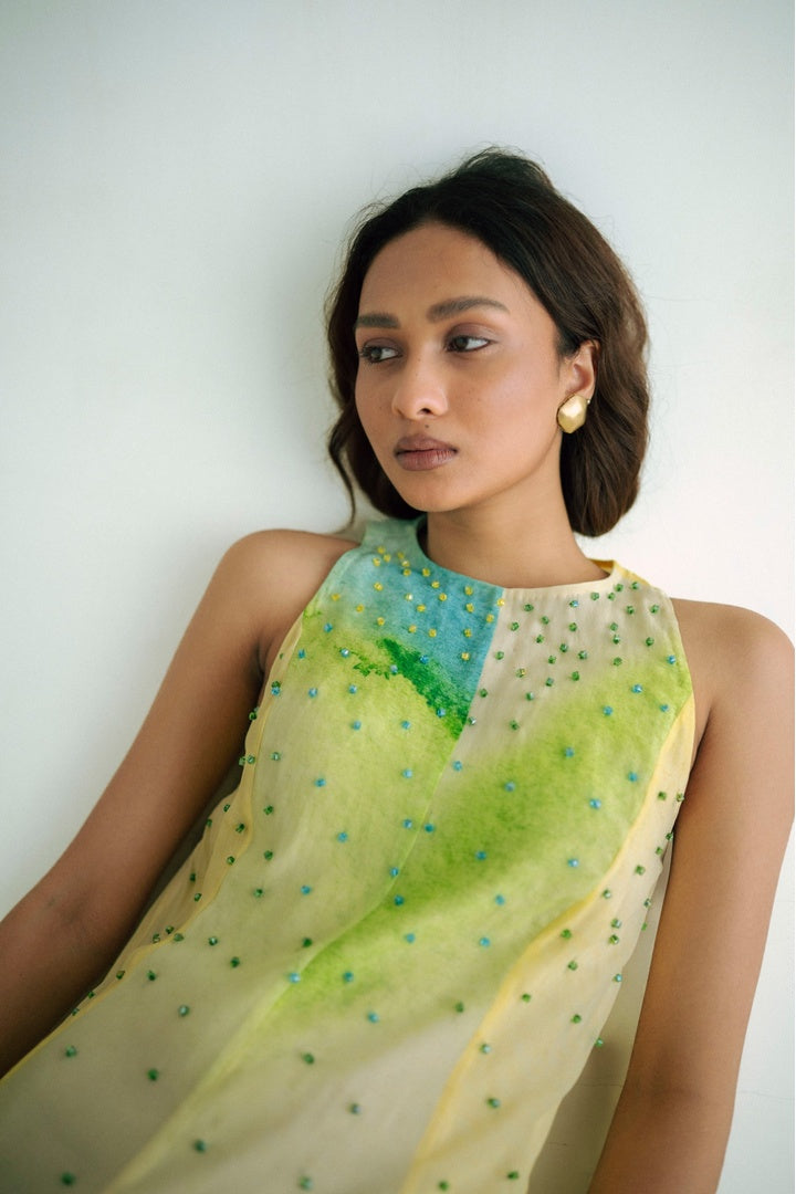 Sleeveless 8 Kali Dress with Embroidery and Print Yellow Shade