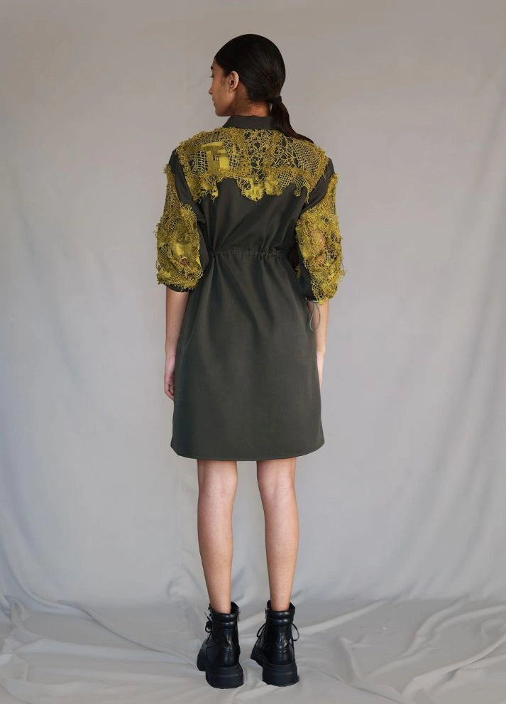 Yellow Map Embroidery Short Dress