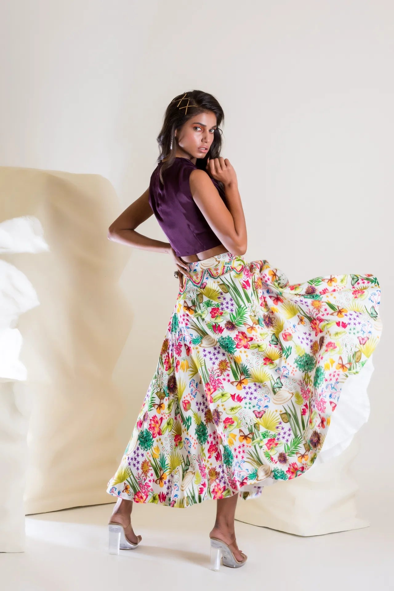 Printed Midi Skirt With Draped Top