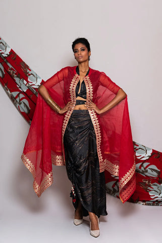 Printed Crop Top With Skirt & Cape Jacket