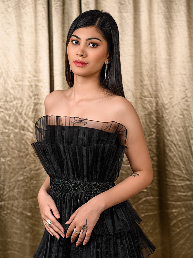 Strapless pleated dress with attached sequin belt
