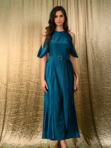 Teal jumpsuit with side pleats